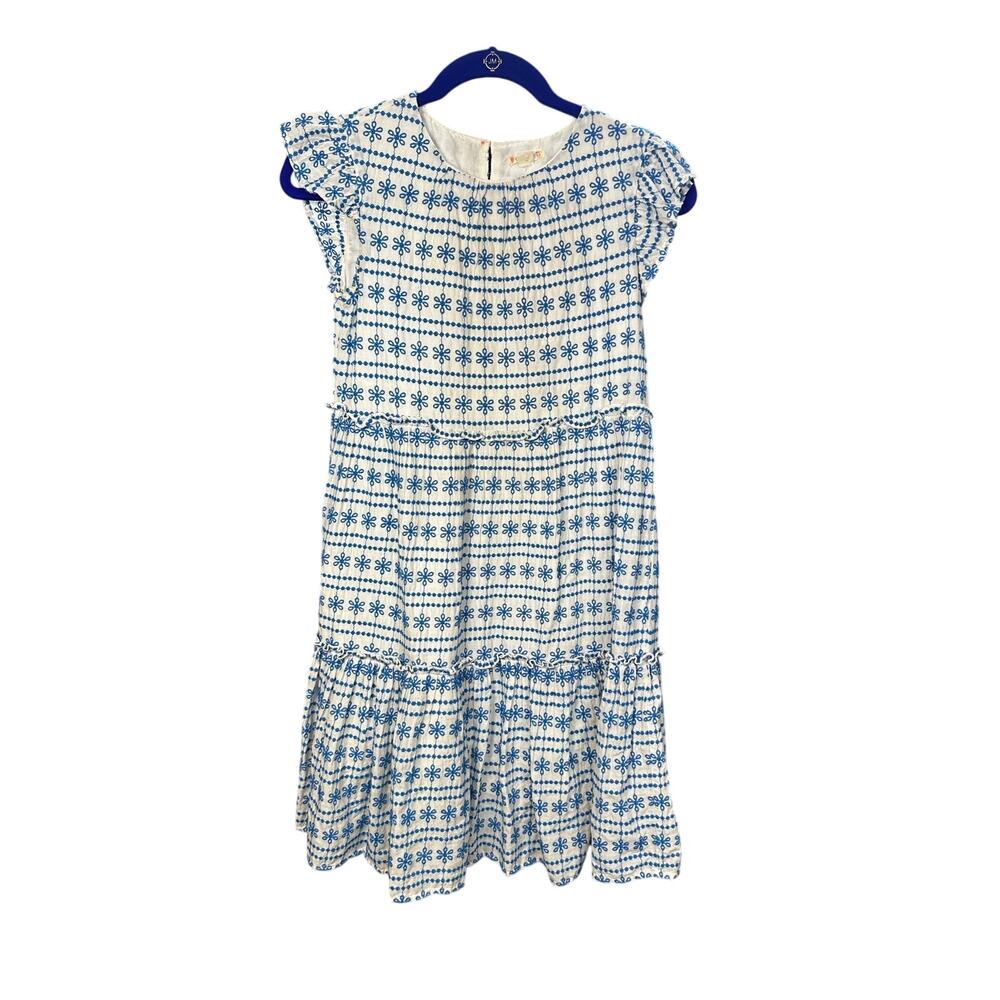 270-Girls' Blue & White Geometric Embroidered Tiered Dress by Crewcuts size 12